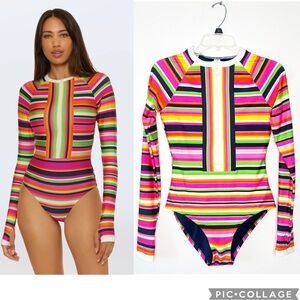 NEW TRINA TURK SWIM Long-Sleeve Paddle Suit - Splash Stripe Size Small Swimsuit